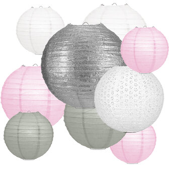 Lampionpakket - Papier - Pink &amp; Silver - 40-delig