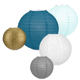 Lampionpakket - Papier - Dusty Blue &amp; Gold - 20-delig