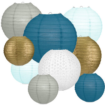 Lampionpakket - Papier - Dusty Blue &amp; Gold - 40-delig