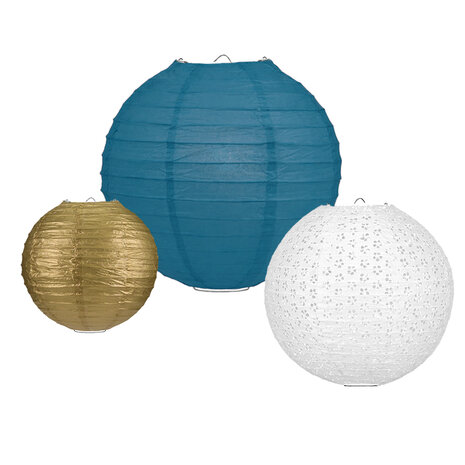 Lampionpakket - Papier - Dusty Blue & Gold - 10-delig